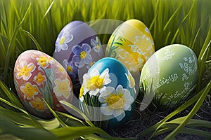 Painted Easter eggs decorated with daffodils on the grass - Generative AI