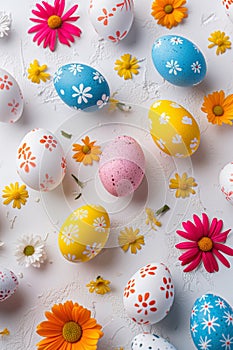 Painted easter eggs and flowers pattern. Background for holiday messages