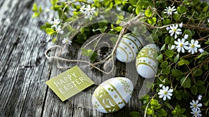 painted easter eggs and flowers on a rustic wooden background, embodying the joy of spring