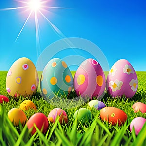 Painted Easter eggs on green grass against a blue sunny sky. Generative AI