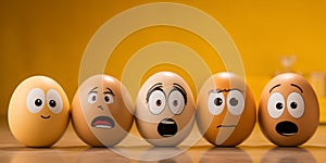 Painted Easter eggs in a line with different facial comic expressions, on yellow background.
