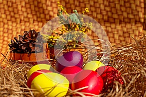 Painted Easter eggs in a nest of straw.  Easter still life