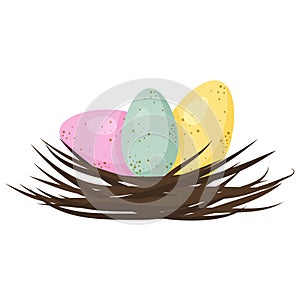 Painted Easter eggs in a nest of twigs