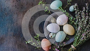 Painted Easter eggs in pastel colors with herbs on dark background