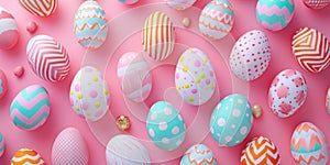 painted Easter eggs on a pastel pink background, banner