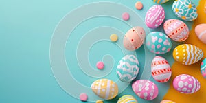 painted Easter eggs on a pastel yellow-blue background, banner, copy space