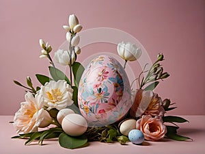 Painted Easter eggs on a pink background