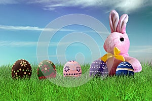 Painted Easter eggs and pink bunny