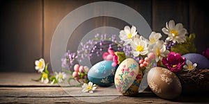 Painted easter eggs and spring flowers in a nest on rustic wood, sunny morning light