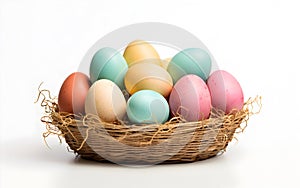 Painted Easter eggs in a straw nest.