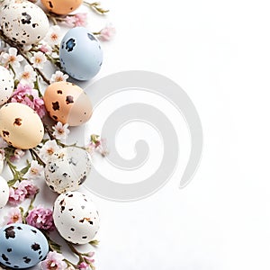 Painted Easter quail eggs and springtime flowers over white background. Spring holidays concept with copy space.