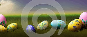 Painted egg laying in spring grass and flowers, easter border, banner flat vector illustration. Easter decoration