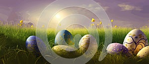 Painted egg laying in spring grass and flowers, easter border, banner flat vector illustration. Easter decoration