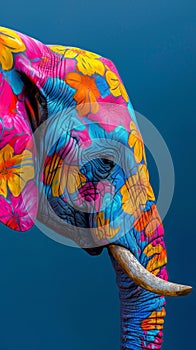 Painted Elephant With Decorative Tusks photo