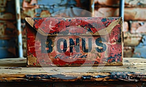 Painted envelope with the word BONUS in bold, central focus, suggesting an incentive, reward, or special offering, with a vintage