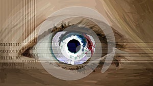 Painted eye evoking biometry, facial and eye recognition, with computer code numbers integration