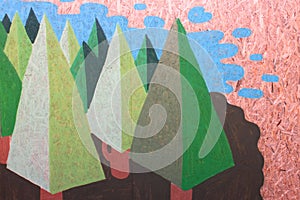 Painted firs on fiberboard panel photo