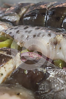 painted fish and catfish on a plate with vegetables and seasoning, selective focus and copy space " Siluriformes"