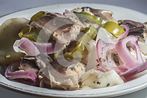 painted fish and catfish on a plate with vegetables and seasoning, selective focus and copy space " Siluriformes"