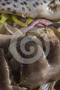 painted fish and catfish on a plate with vegetables and seasoning, selective focus and copy space & x22; Siluriformes& x22;