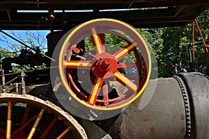 Painted fly wheel of an old steam powered engine tractor