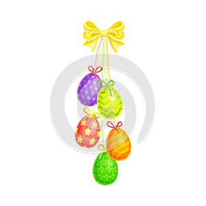 Painted or Foiled Easter Eggs or Paschal Eggs Hanging on String with Bow Vector Illustration