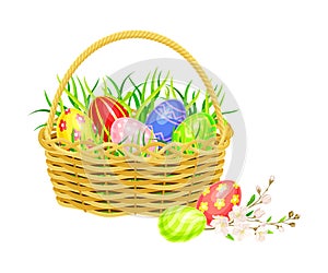 Painted or Foiled Easter Eggs or Paschal Eggs Rested in Wicker Basket in Green Grass Vector Illustration