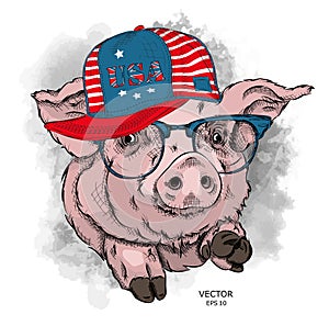 Painted funny pig in hat with US flag and glasses. Vector illustration. Can be used as a print on clothes or as part of the design