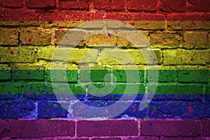 Painted gay pride rainbow flag on a brick wall