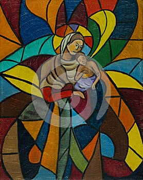 Painted glass mosaic window with woman and child