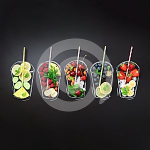 Painted glasses with fresh food ingredients for smoothies, drinks on black chalkboard. Square crop. Assortment of