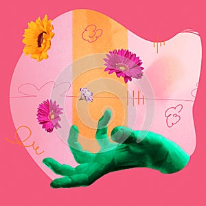 Painted green female hand over pink floral background. Contemporary art collage. Inspiration, idea, creativity