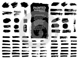 Painted grunge stripes set. Black labels, background, paint texture. Brush strokes vector.