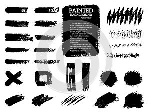 Painted grunge stripes set. Black labels, background, paint texture. Brush strokes vector. Handmade design elements.