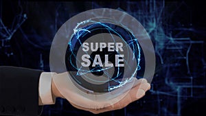 Painted hand shows concept hologram Super sale on his hand