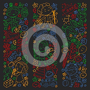 Painted by hand style pattern on the theme of childhood. Vector illustration for children design. Drawing with colored