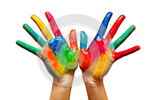 Painted hands, colorful fun. Isolated photo