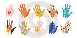 Painted Hands Creates A Vibrant Mosaic Of Expression, Each Hand Adorned With Colorful Patterns. Concept Of Kids Festival