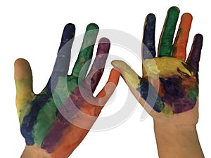 Painted hands with watercolor isolated on white background.