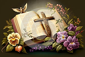 Painted Holy bible, cross and flowers