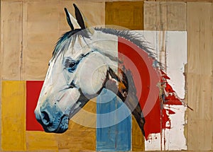 Painted horse head on the wall of a wooden house