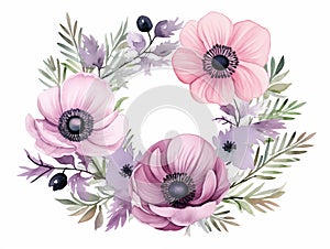 Painted illustracion of bouquet of anemones flowers in delicate rose serene colors on white