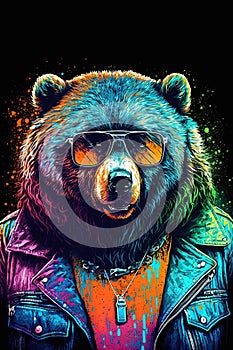 Painted illustration of cool bear in leather jacket and sunglasses. Generative AI