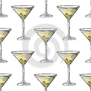 Painted illustration with drinks. Martini with olives. Seamless pattern.
