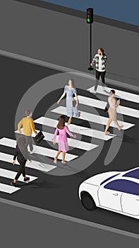 Painted illustration. Modern lifestyle of citizens in big city. People crossed road on green light of traffic signal