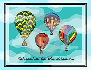 Painted illustration. Multi-colored aerostats, postcard.