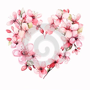 Painted illustration, pink cherry blossoms forming a heart on a white isolated background. Heart as aol of affection and love