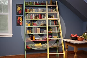 painted ladder shelf displaying cookbooks