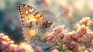 A Painted Lady butterfly resting on a cluster of blooming flowers in a field, illuminated by soft sunlight