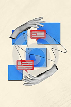 Painted magazine collage artwork of two human arms showing speech element sms communication online concept